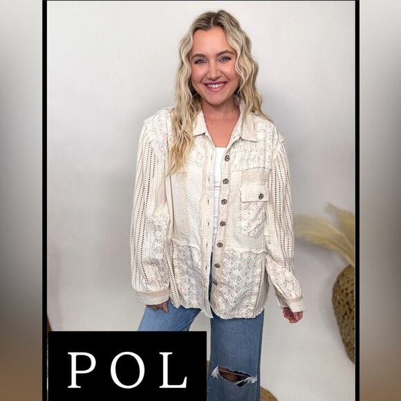 POL Balloon sleeve lace trim woven denim jacket -Ivory Patchwork Denim
